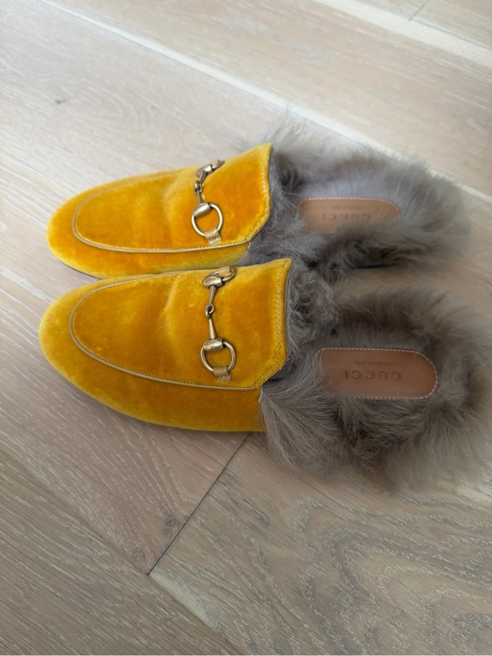 Gucci Mustard Yellow Velvet Horsebit Fur-Trim Mules